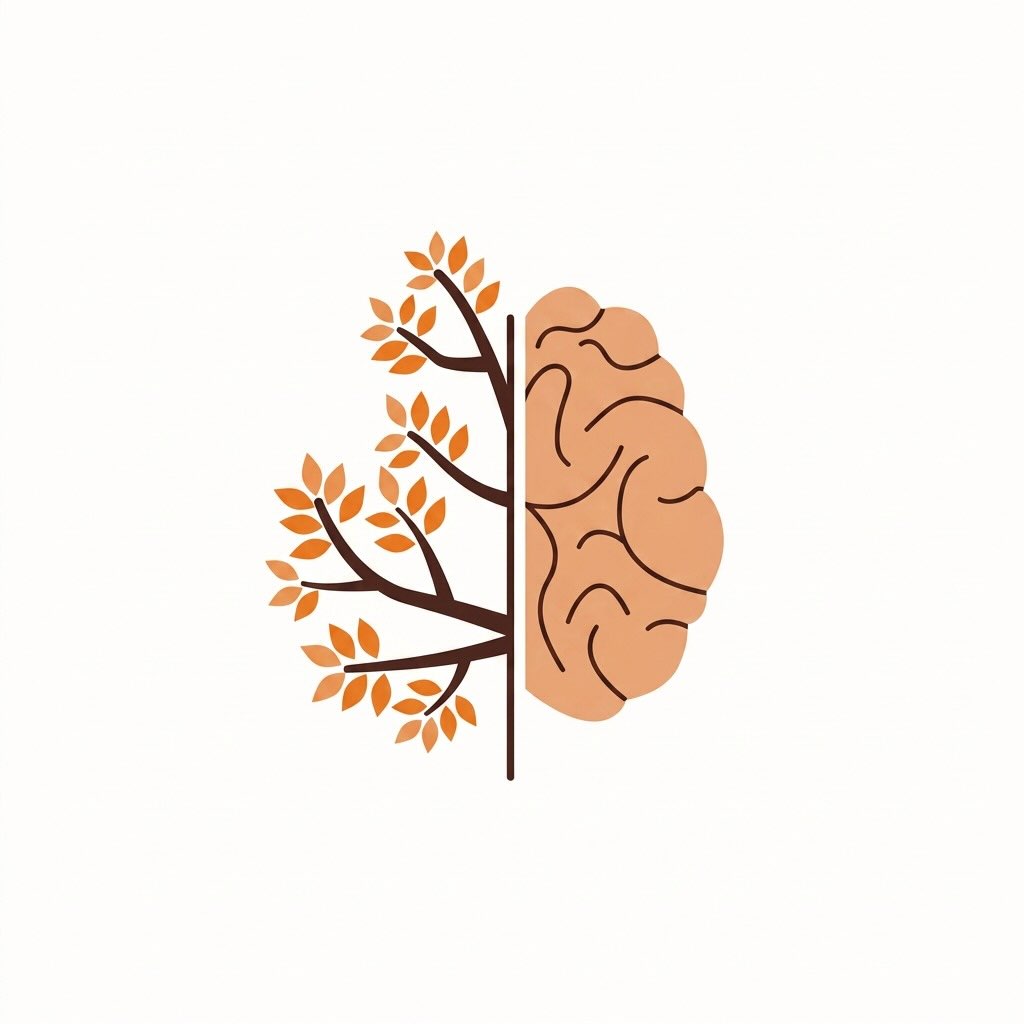 Logomarca sendo metade de cerebro com ramos marrons e beges na outra metade